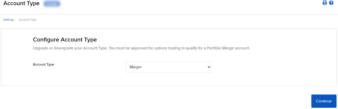 The account type panel in portal
