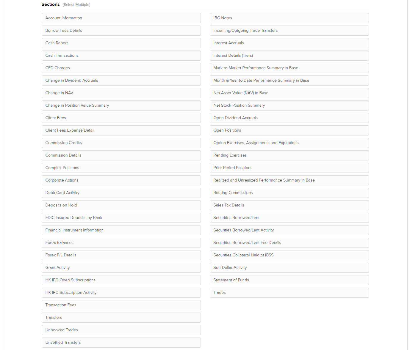 The activity flex query sections panel in portal. 