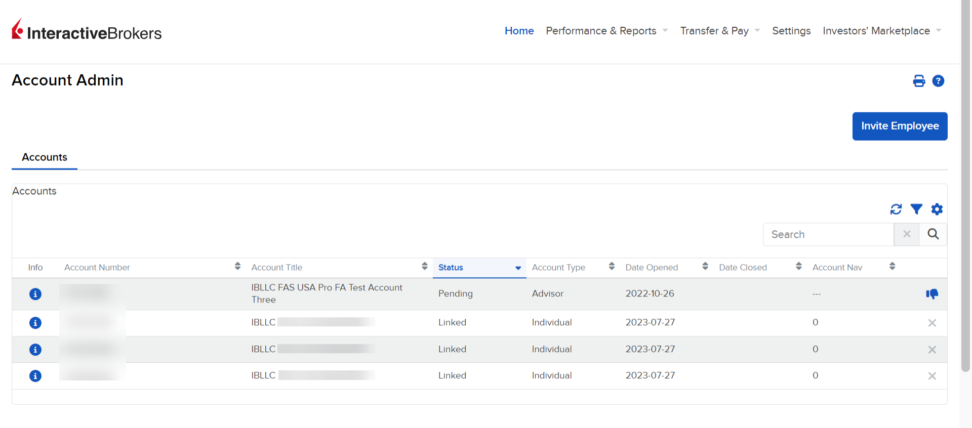The account admin home page in portal. 