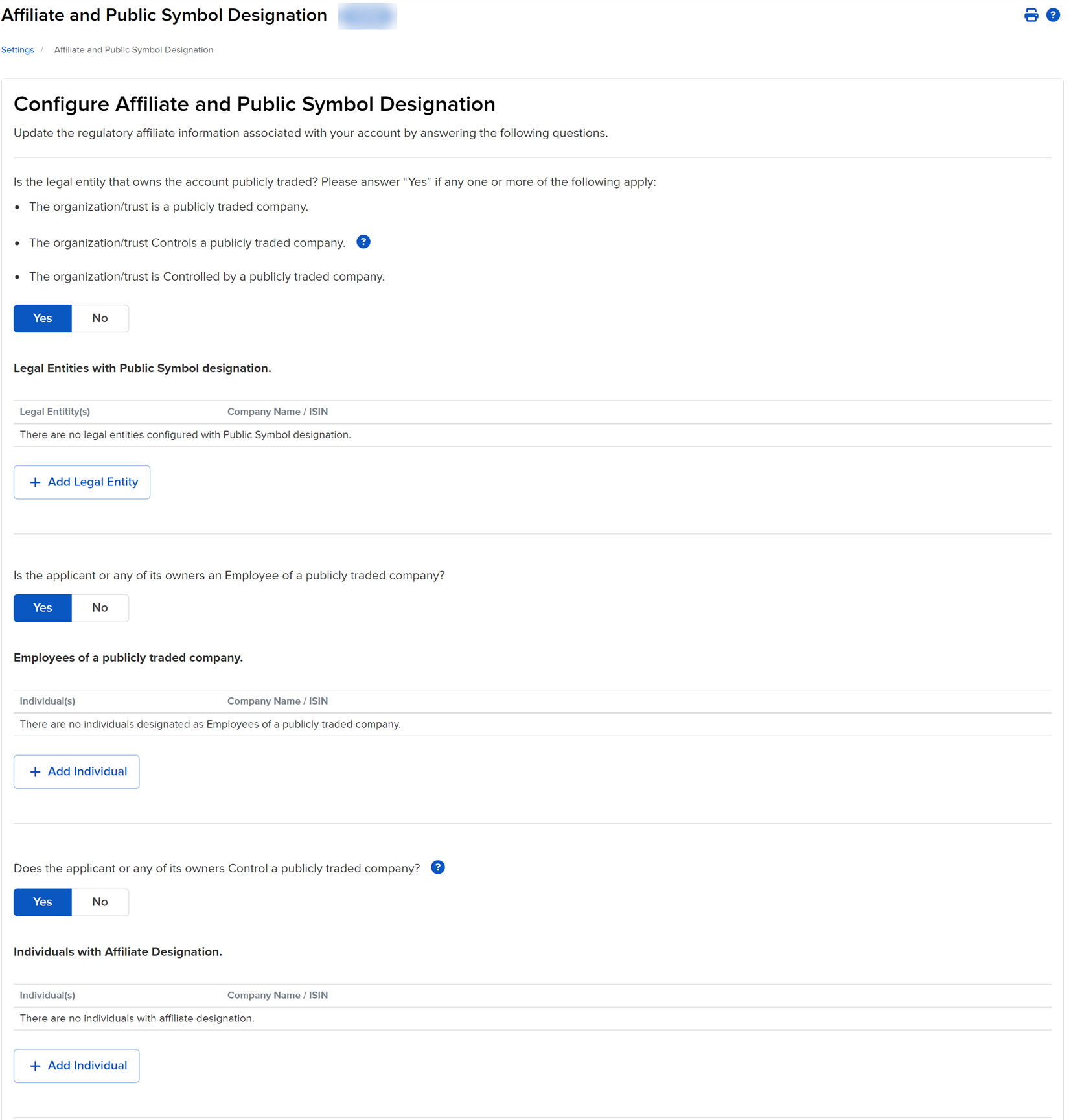 The affiliate designation panel in portal. 