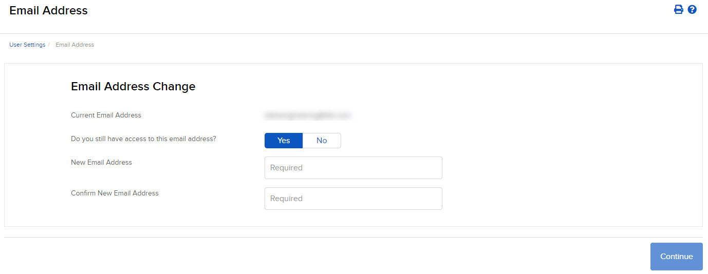 The email address change panel in Portal