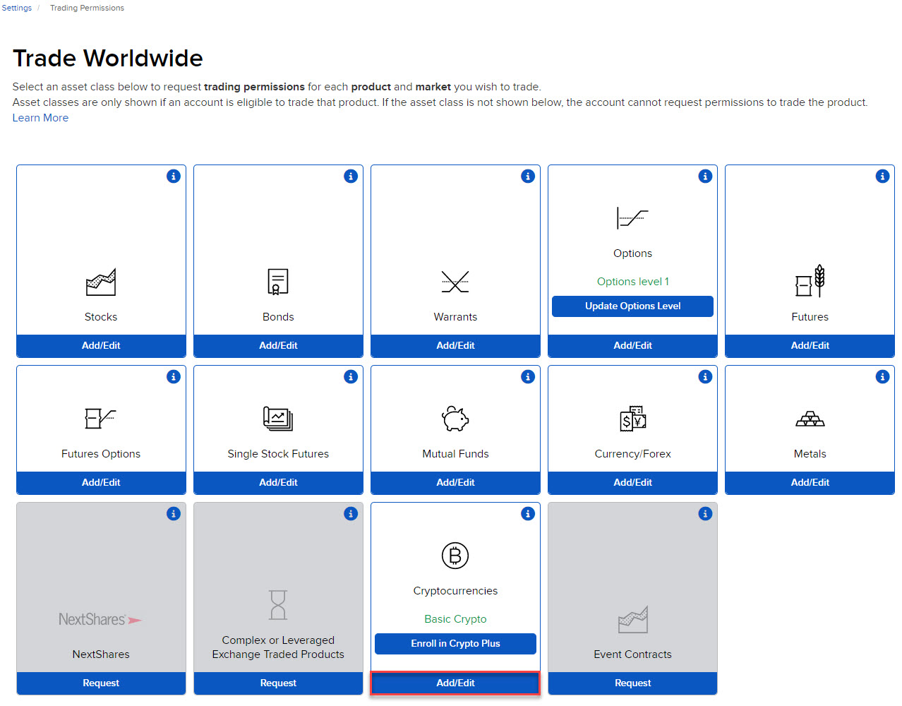 The cryptocurrencies trading permissions button in portal. 