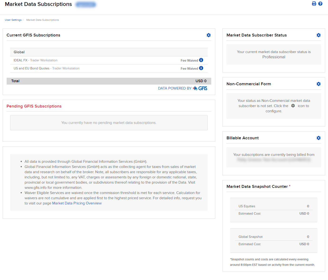 Image of the market data subscriptions panel in Portal. 