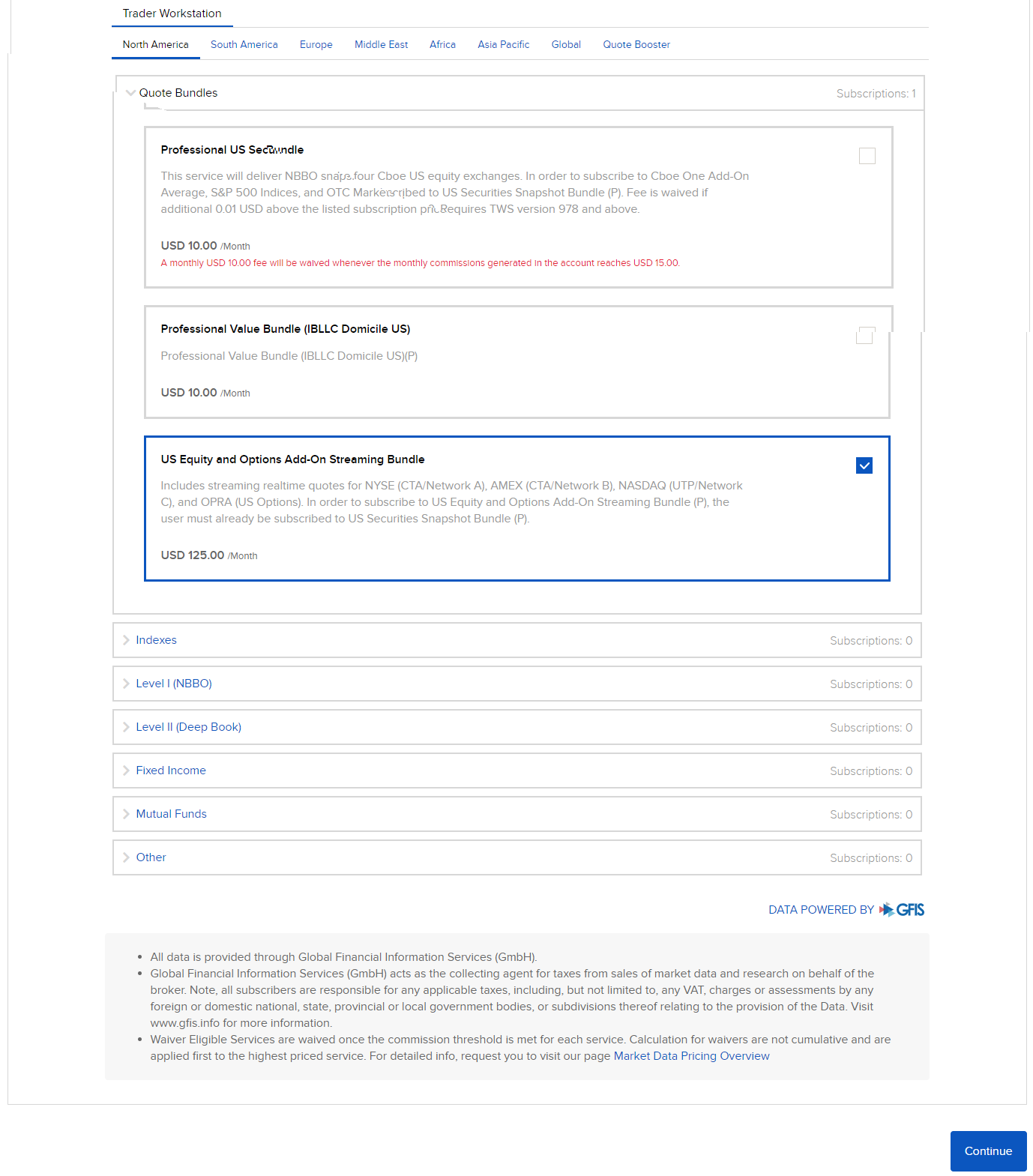 Image of the market data regions panel in Portal. 