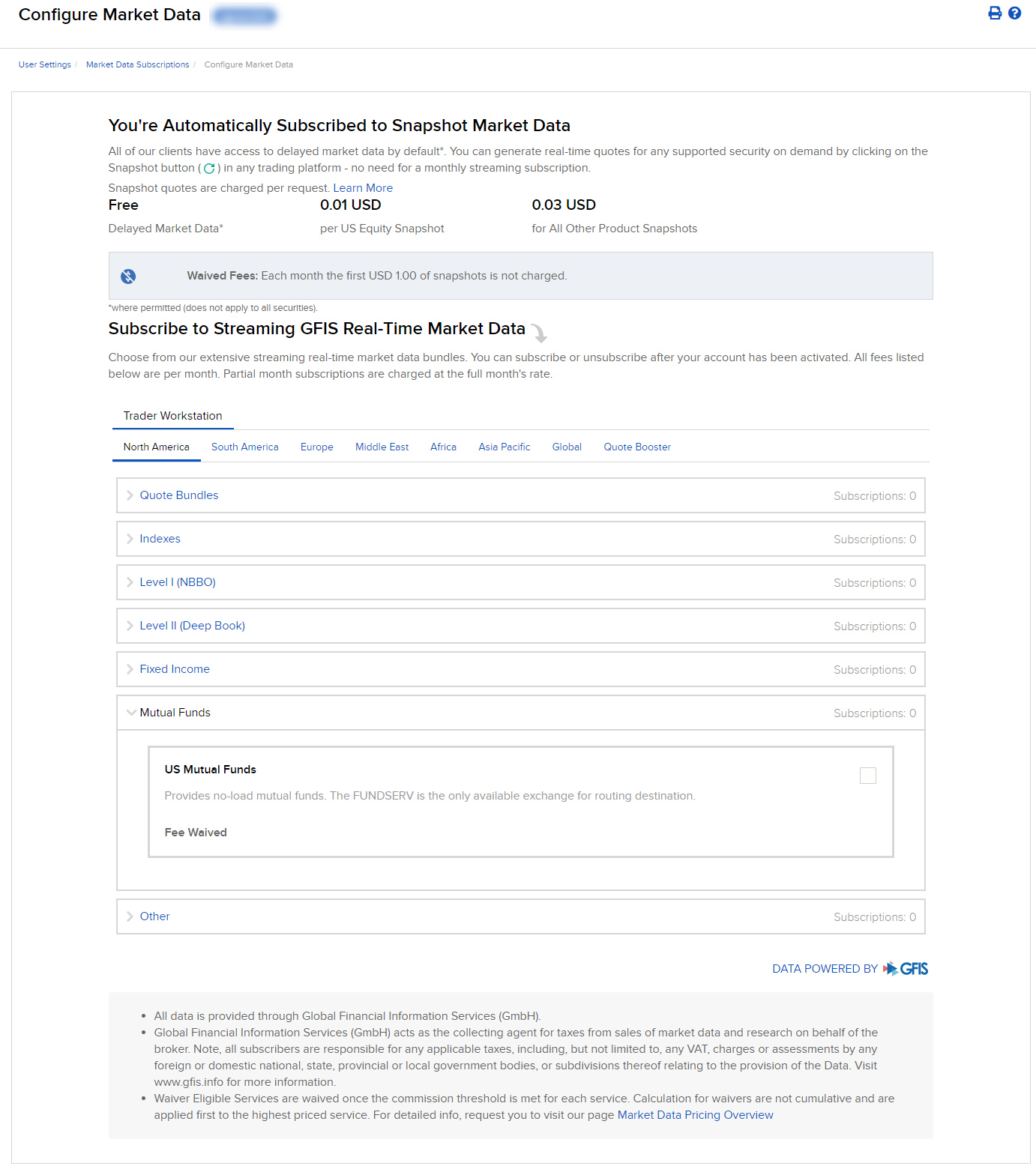 Image of the configure market data panel in Portal. 