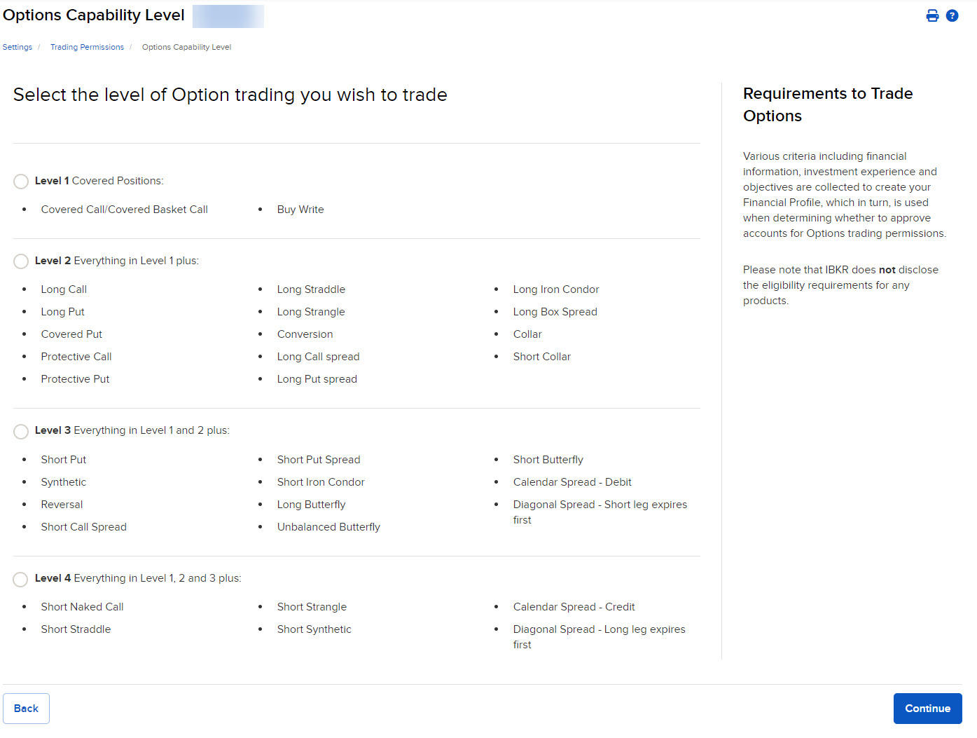 The options capability level panel in portal. 