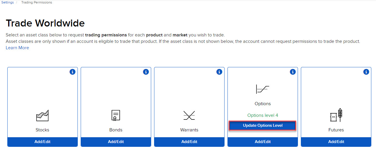The update options level button in portal. 