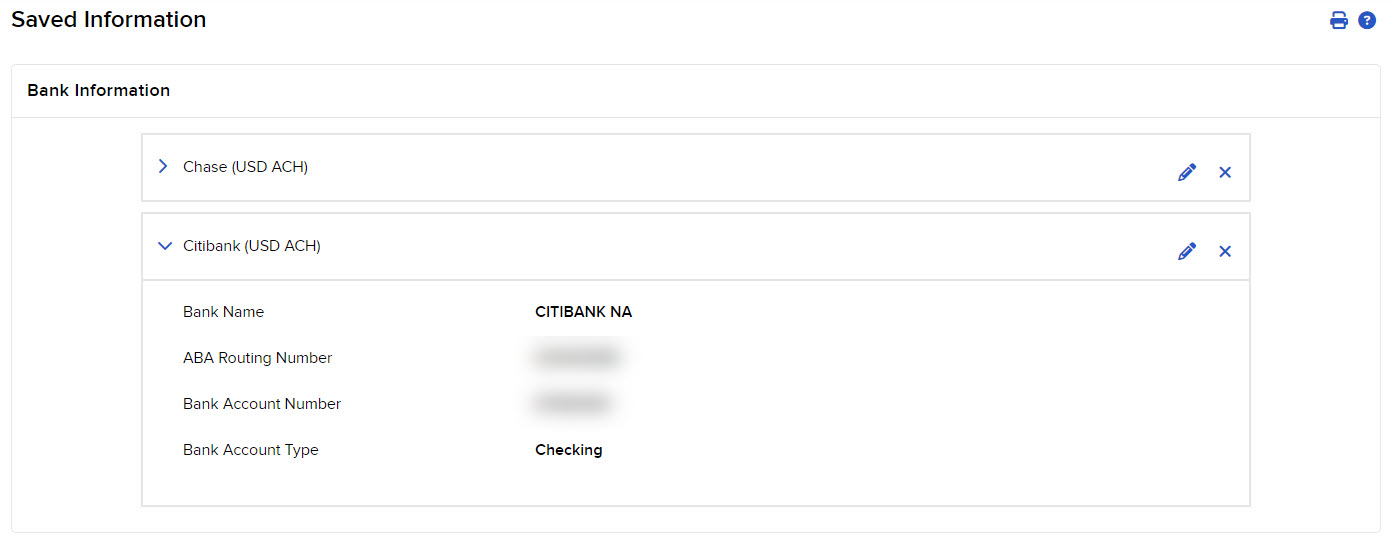 Image of the saved banking information detail in portal. 
