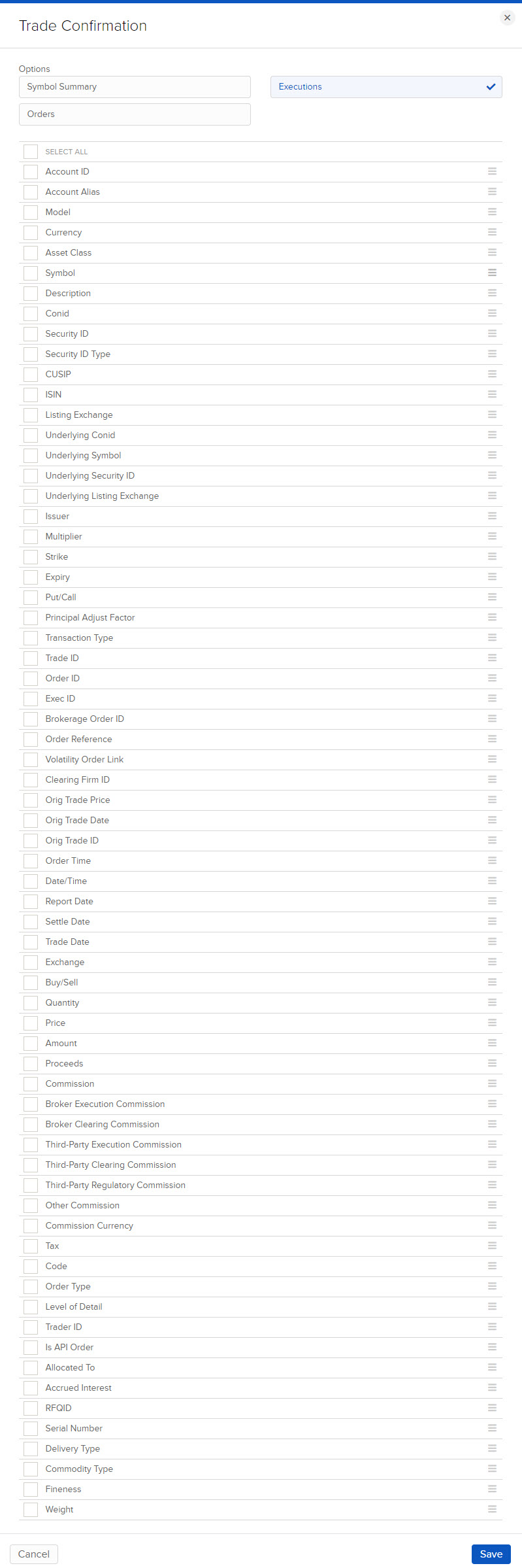 The trade confirmation flex query sections
