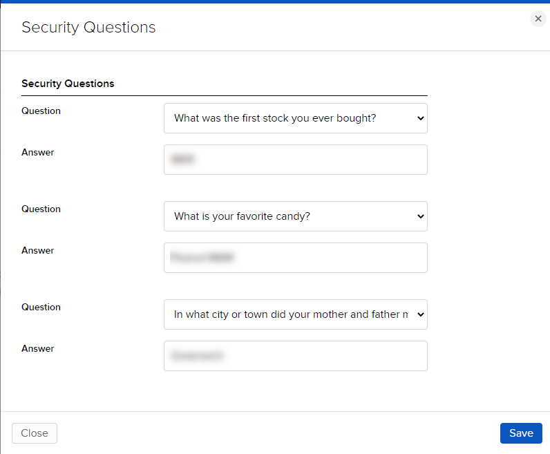 Image of the change security questions panel in Portal. 