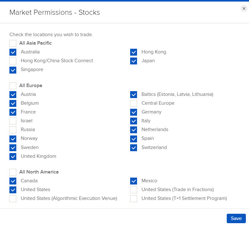 The stock trading permissions panel in portal. 