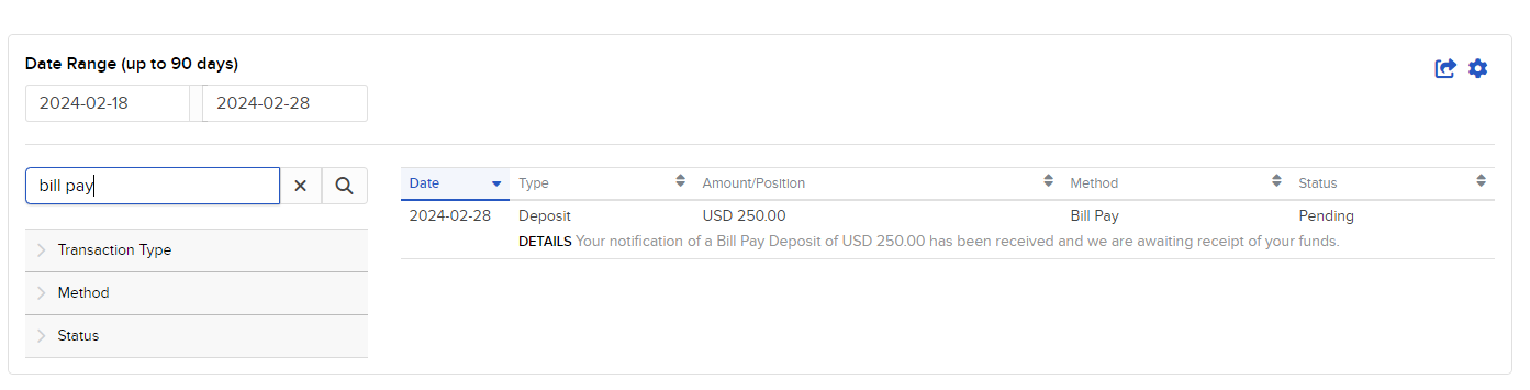 Image of the search for a specific transaction panel in Portal. 