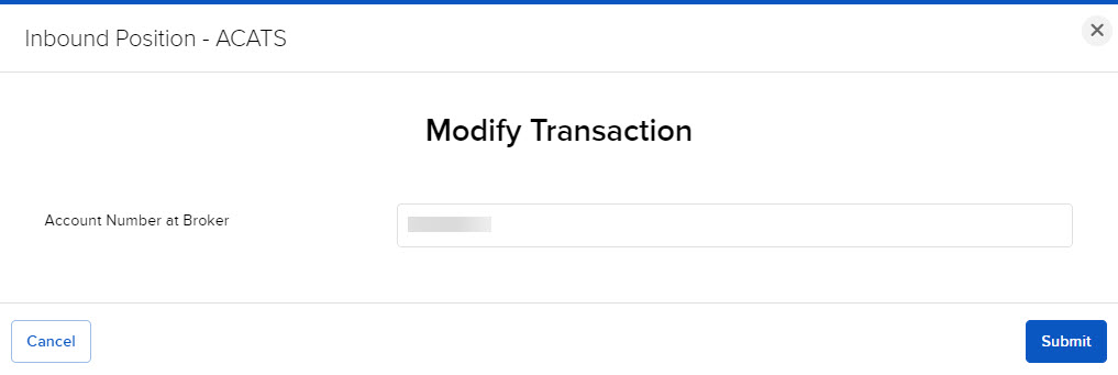Image of the modify ACATS transaction panel in portal. 