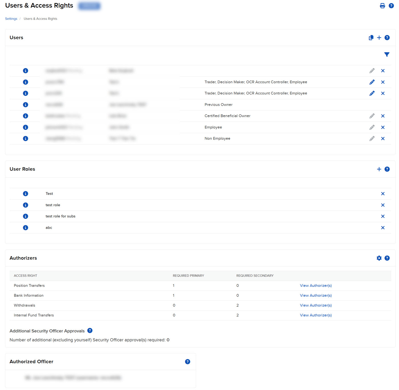 The users and access rights panel in Portal. 