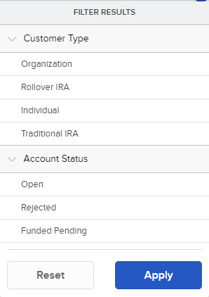 The filter options in the account selector in portal. 