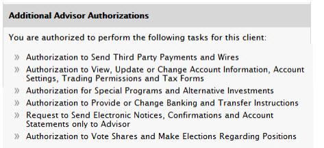 The list of additional advisor authorizations in advisor portal. 