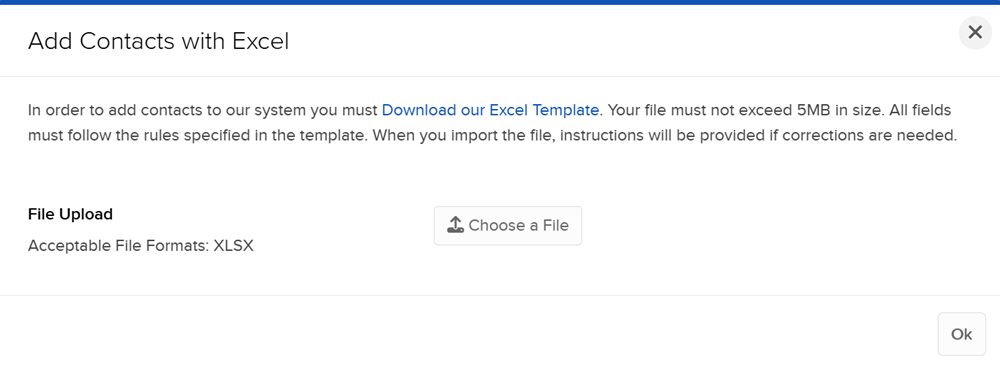 Image of the add contacts with excel panel in portal. 