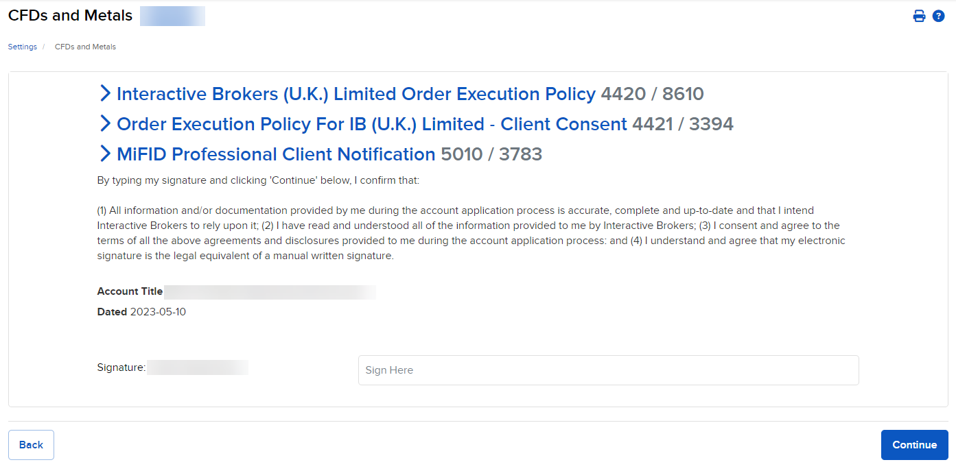 The CFD's and metals agreement page in advisor portal. 