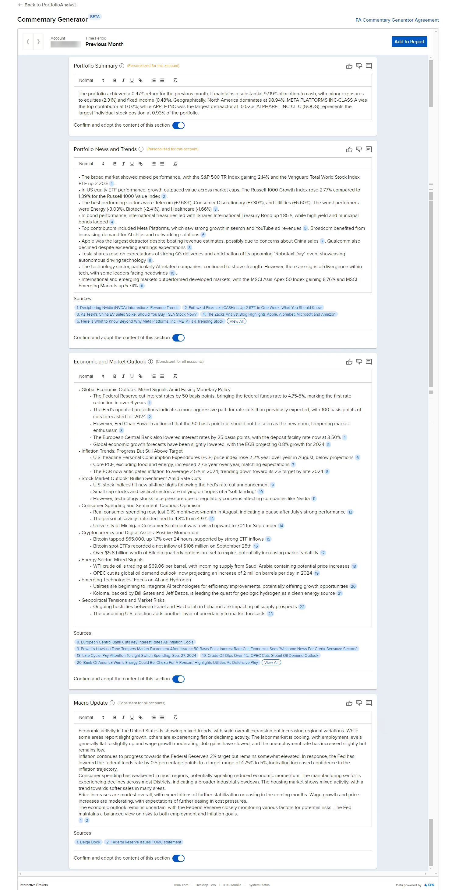 Image of the commentary generator select account dropdown in advisor portal. 