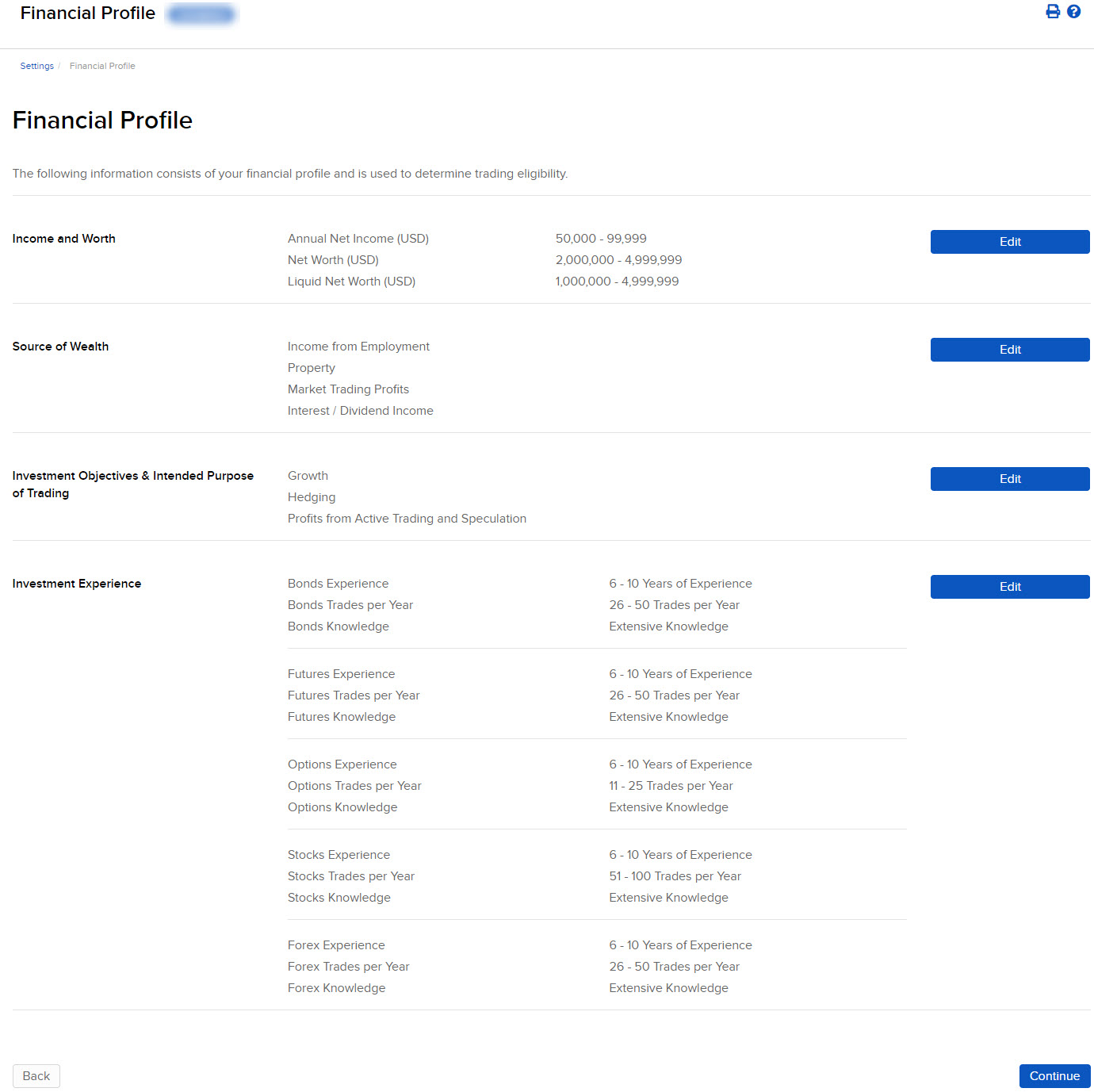 The financial profile panel in advisor portal. 