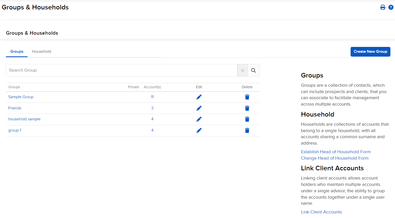 Image of the groups & households panel in portal. 