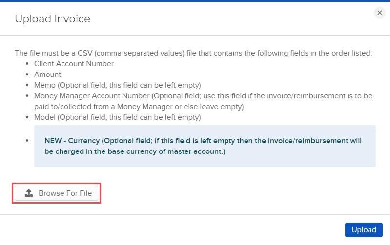 Upload Invoice File Image of the upload invoice browse for file button in portal.