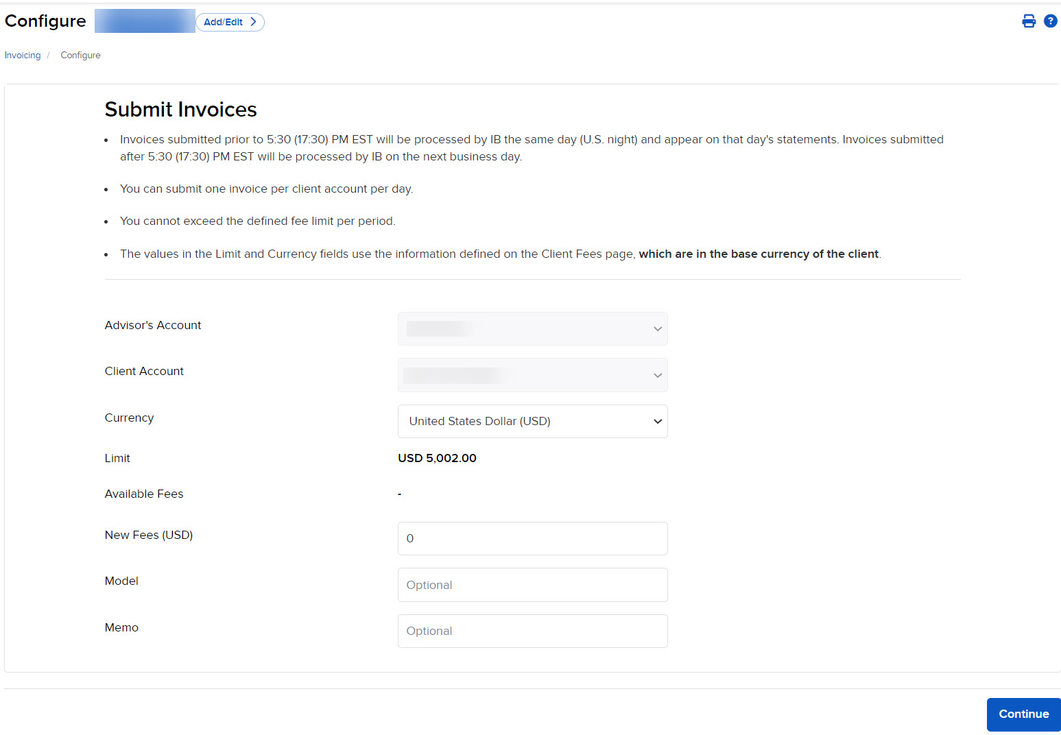 Image of the submit invoices panel in portal. 