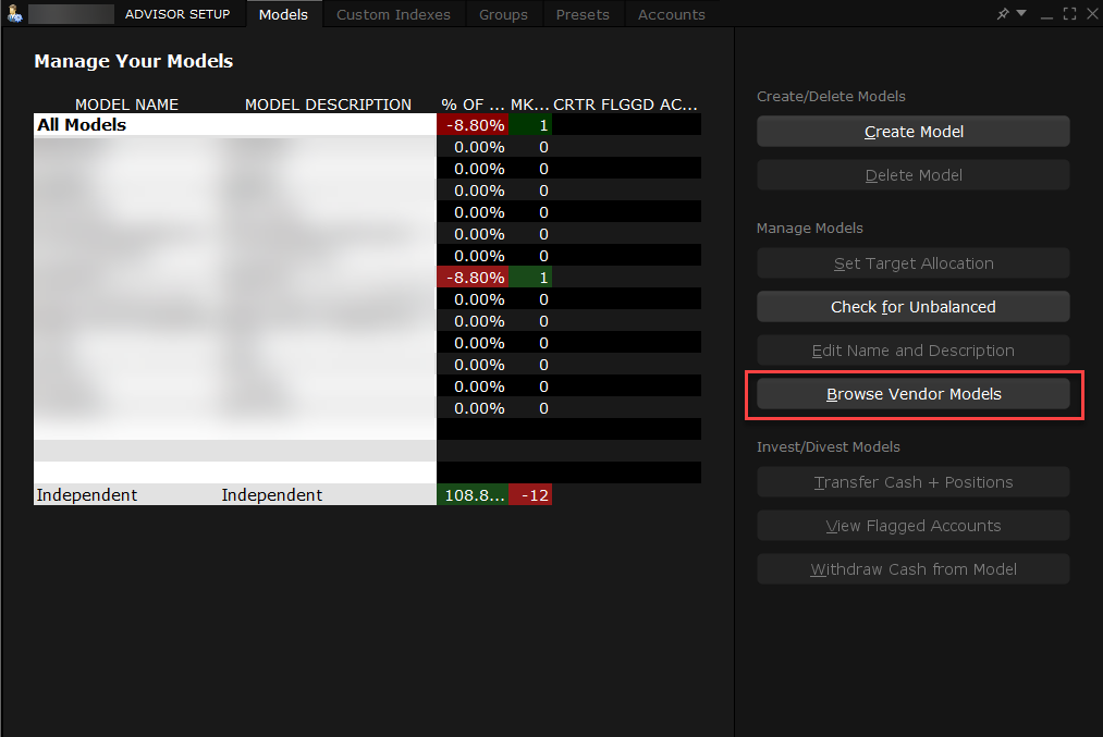 The browse vendor models panel in TWS. 