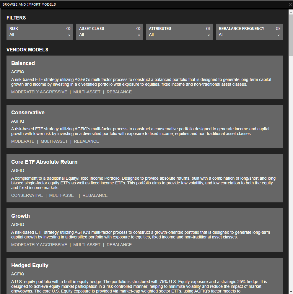 The browse and import models panel in TWS. 