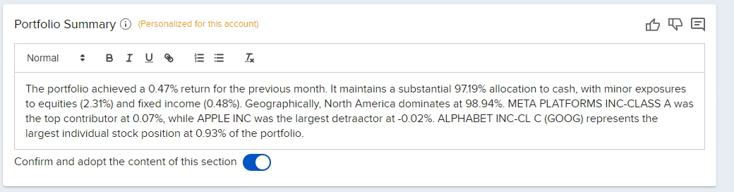 Image of the commentary generator sample portfolio summary in advisor portal.