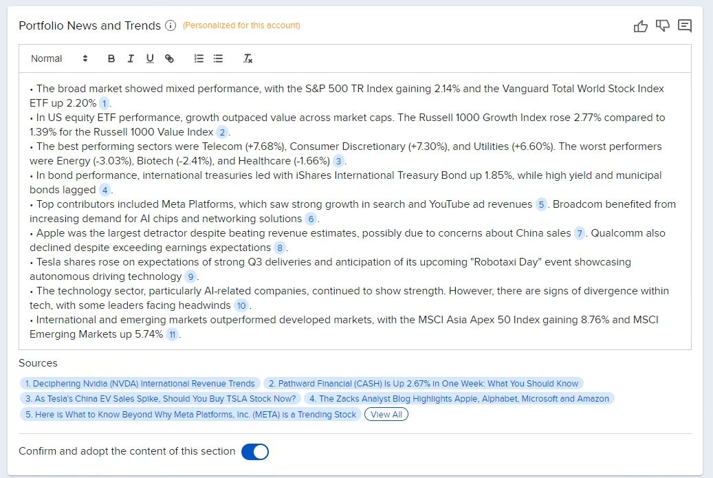 Image of the commentary generator sample portfolio news and trends in advisor portal. 