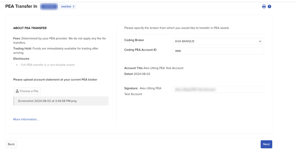 The PEA transfer in menu in portal. 