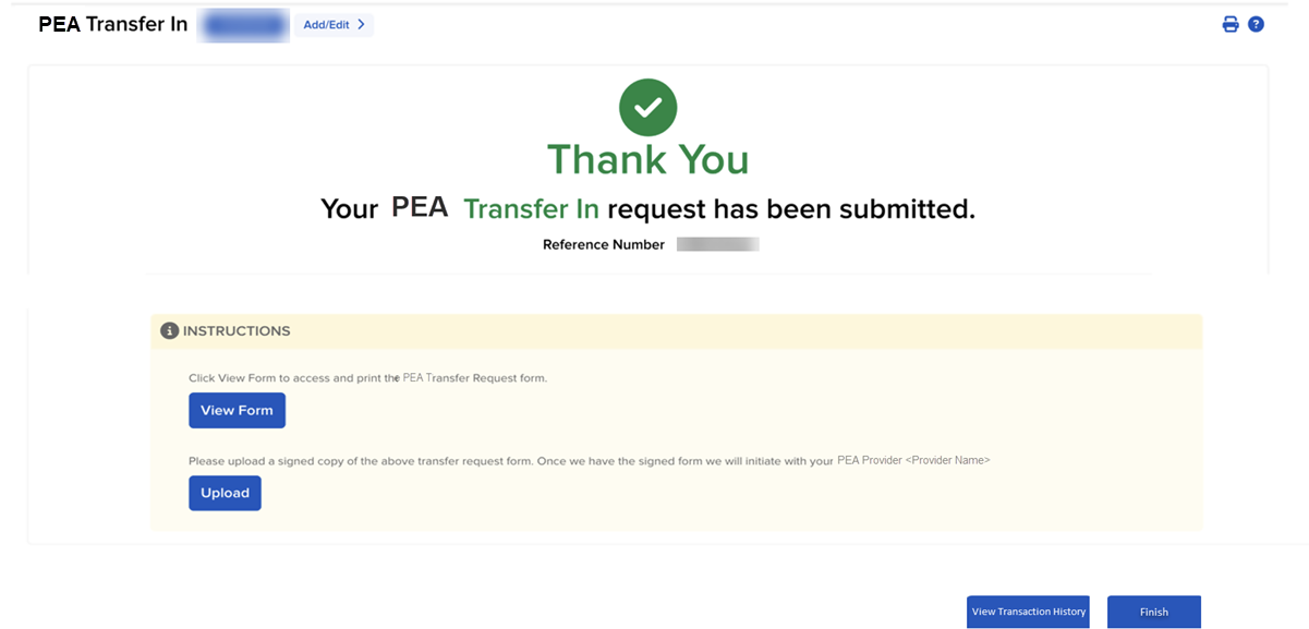 The PEA transfer confirmation in portal. 
