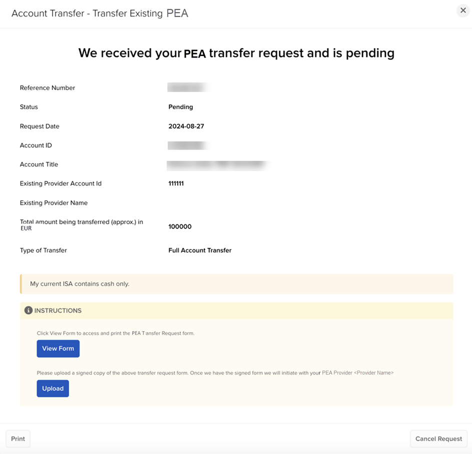 The  modify a PEA transaction in Portal. 