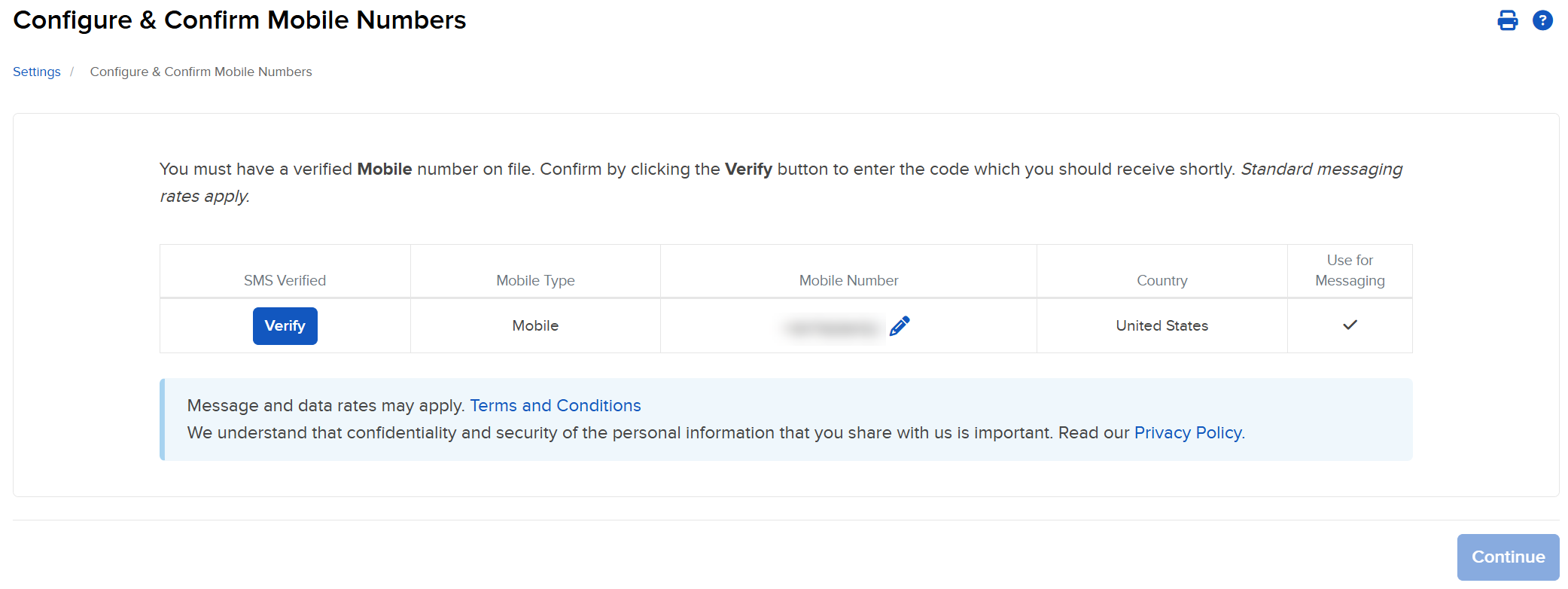 The mobile number panel in Portal. 