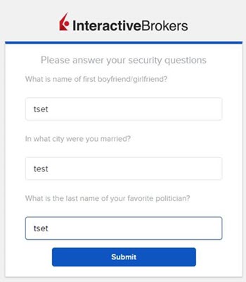 The answer security questions panel in advisor portal. 