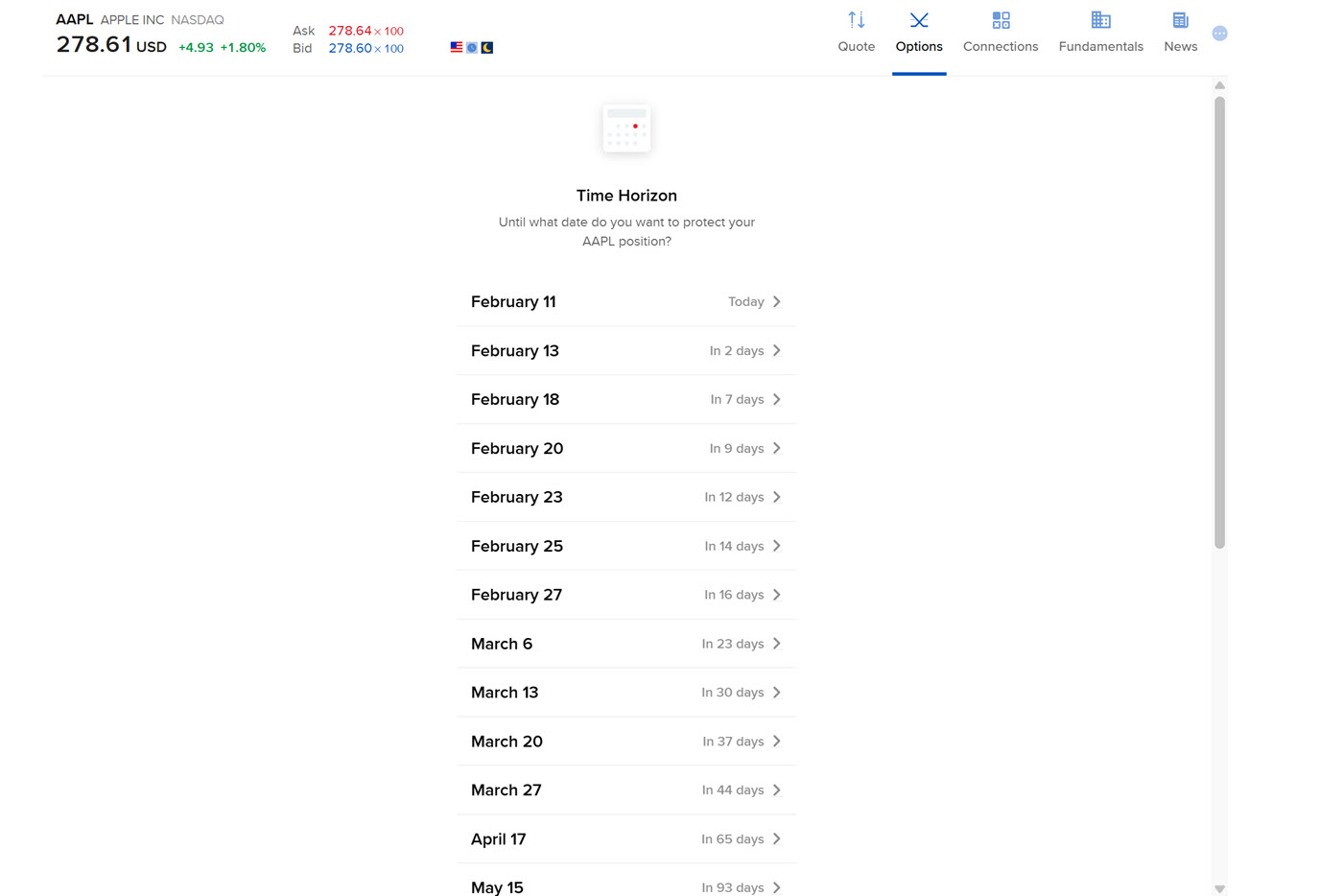 The option wizard protect position select a date in portal. 