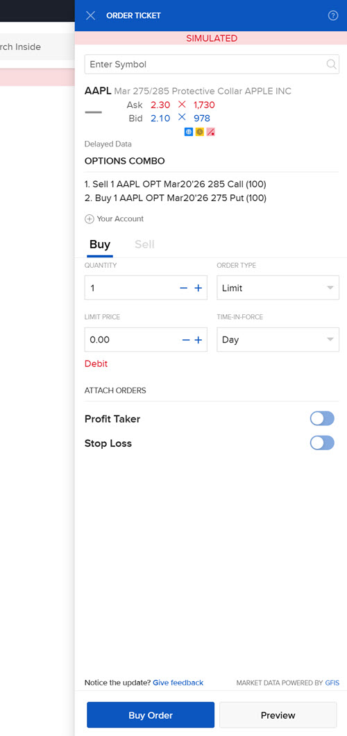 The option wizard protect position order ticket in portal. 