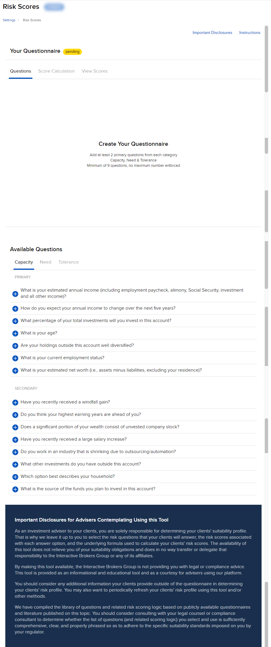 The risk scores questionnaire panel in advisor portal. 