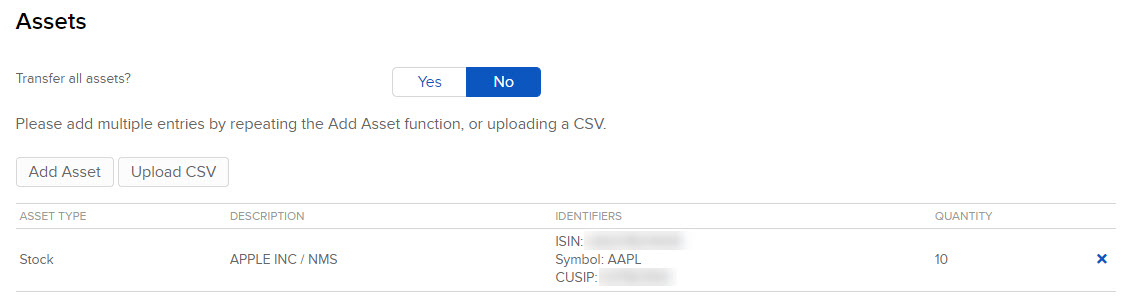The assets to transfer panel in Portal. 