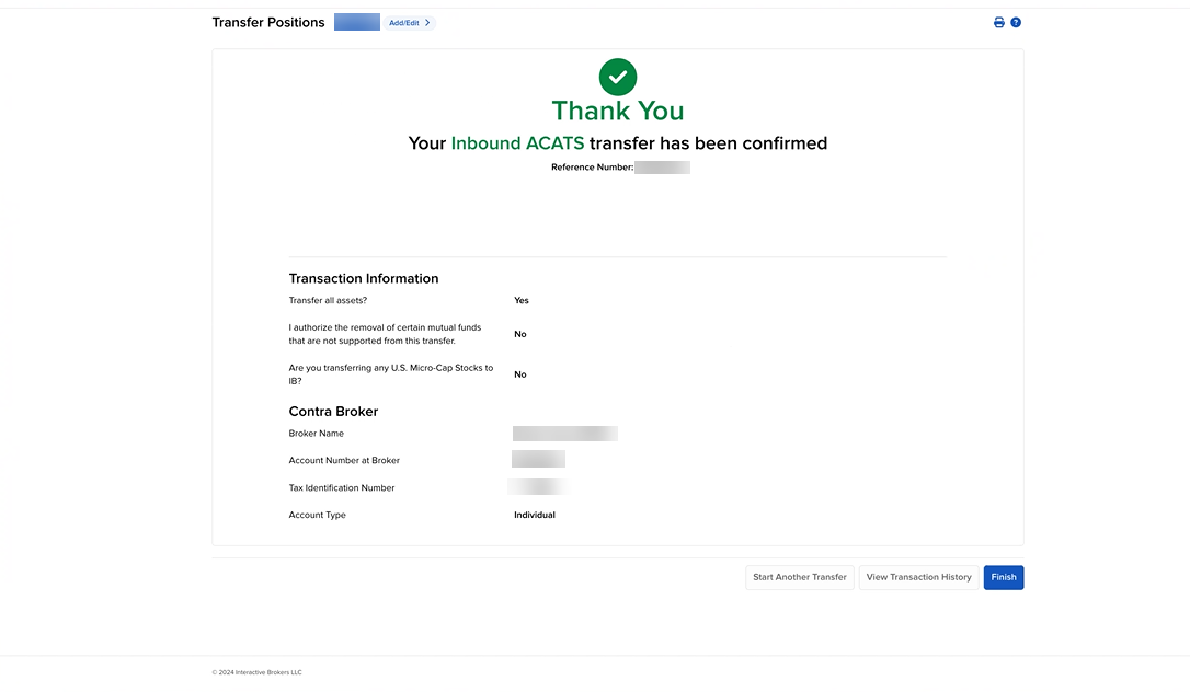 The ACATS transfer confirmation page in portal. 