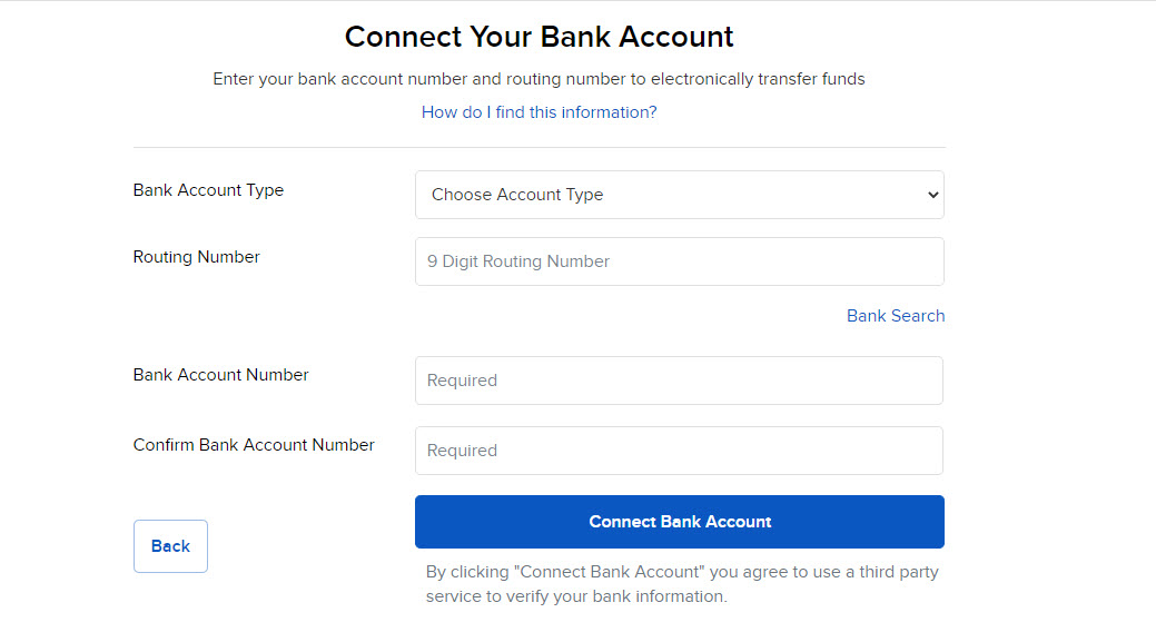 The connect your bank account panel in Portal. 