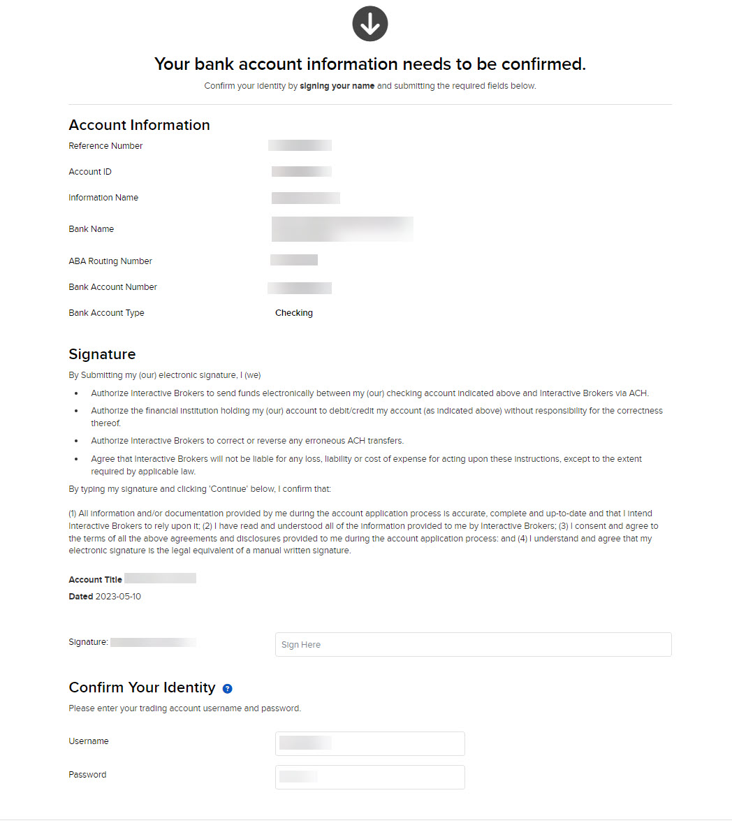 The bank account information signature page in portal. 