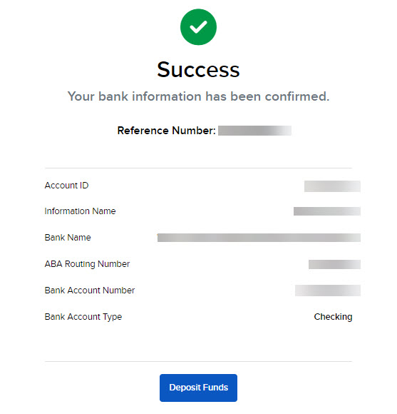 The bank account confirmation page in portal. 