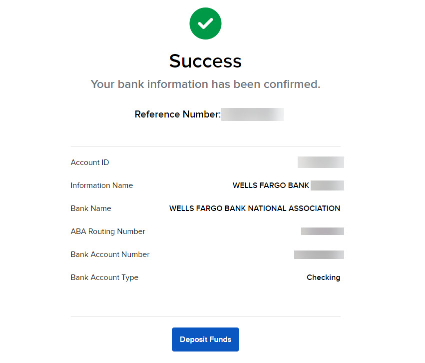 The bank information confirmation page in Portal. 