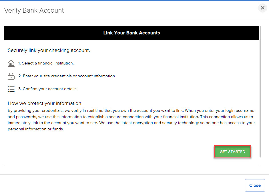 The link bank account panel in portal. 