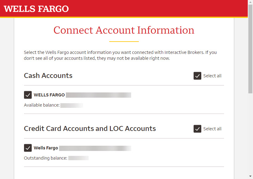 The connect bank account screen. 