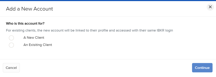 The add a new account panel in portal. 