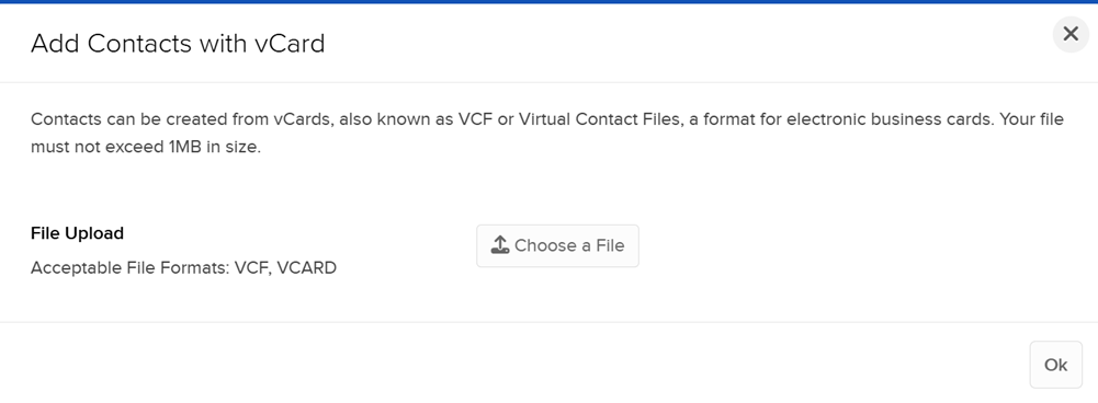 Add Contacts with vCard The add contacts with vCard panel in portal.
