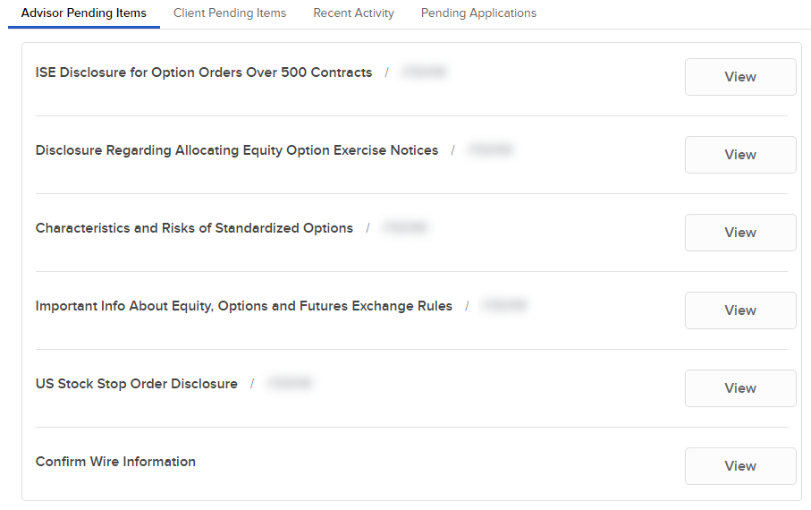 The advisor pending items page in advisor portal. 
